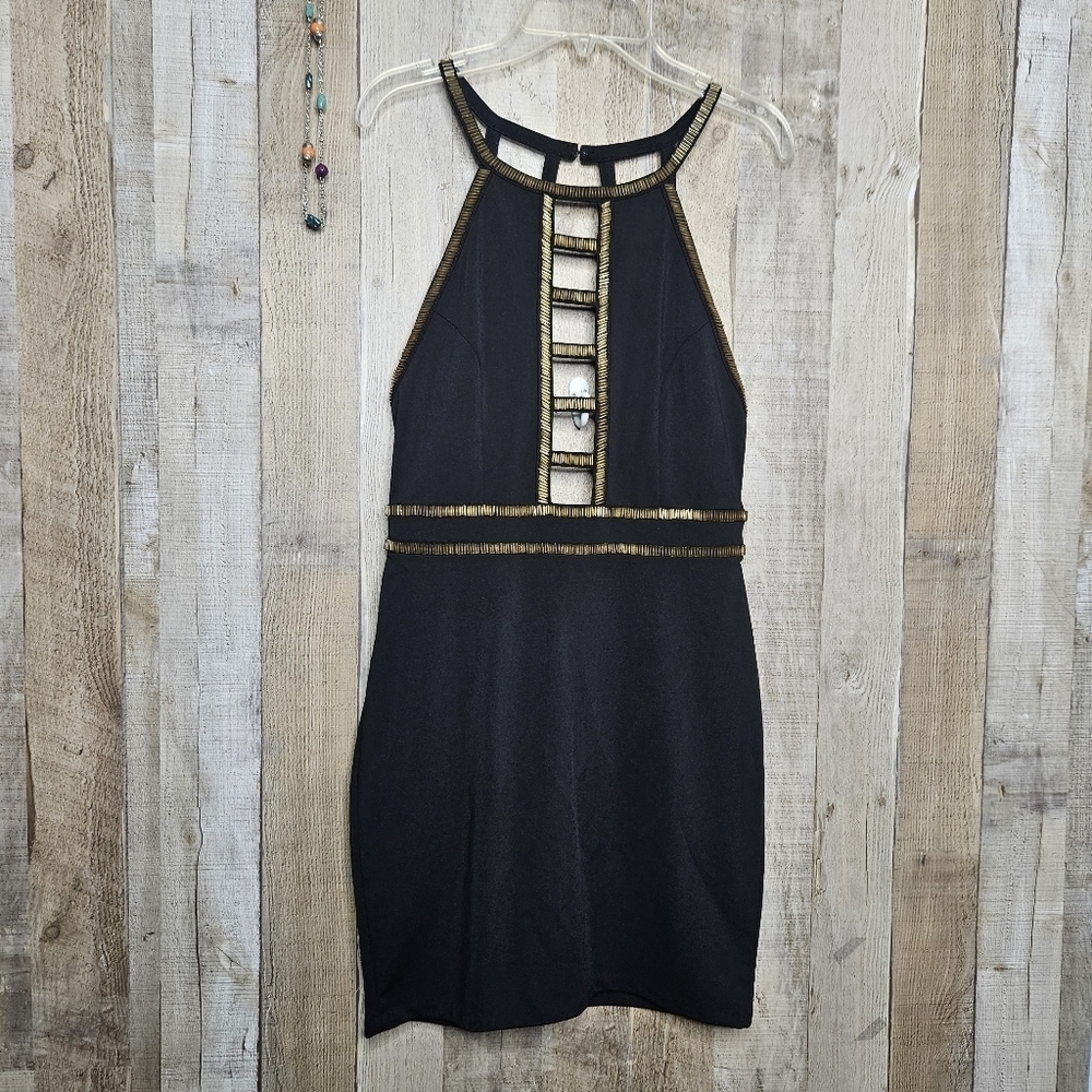 Angl Sleeveless Bodycon Black Gold Embellished Halter Cutout Mini Dress Small